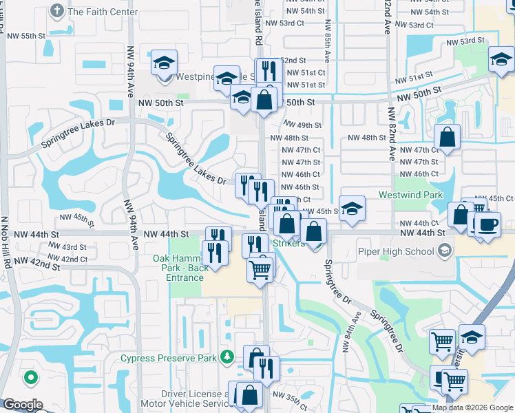 map of restaurants, bars, coffee shops, grocery stores, and more near 4567 North Pine Island Road in Sunrise