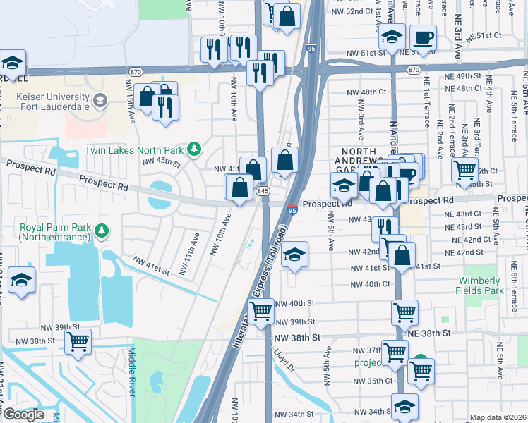 map of restaurants, bars, coffee shops, grocery stores, and more near 930 Prospect Road in Oakland Park
