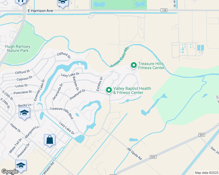 map of restaurants, bars, coffee shops, grocery stores, and more near 3282 East Cobblestone Creek Drive in Harlingen