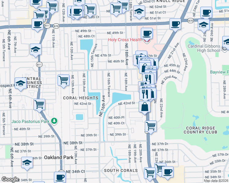 map of restaurants, bars, coffee shops, grocery stores, and more near 1701 Northeast 43rd Street in Oakland Park
