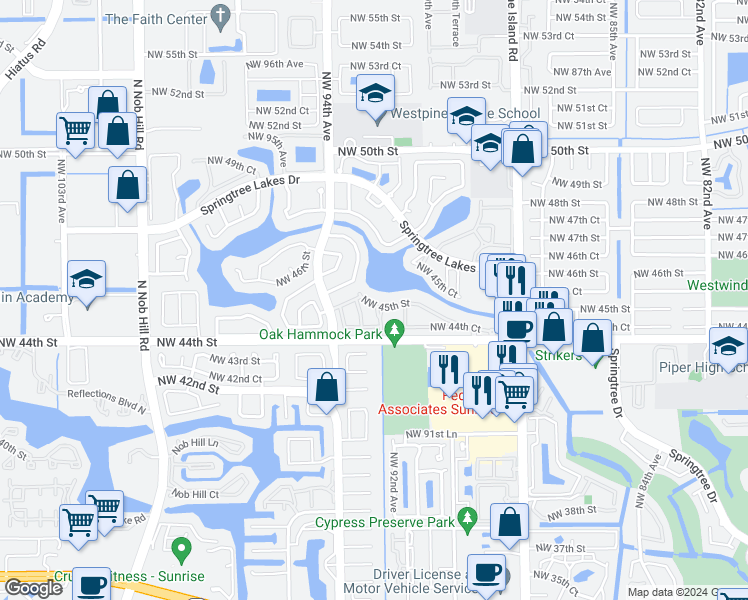map of restaurants, bars, coffee shops, grocery stores, and more near 9259 Northwest 45th Street in Sunrise