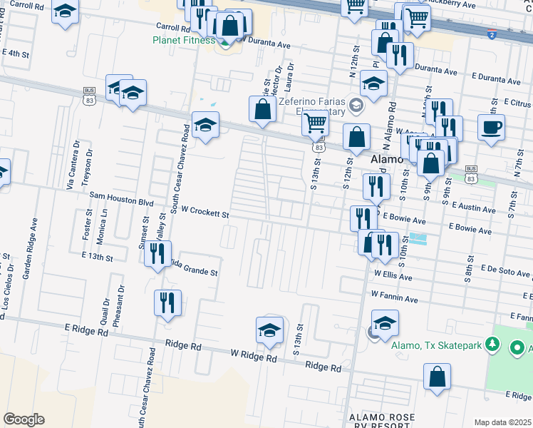 map of restaurants, bars, coffee shops, grocery stores, and more near San Fernando Street in Alamo