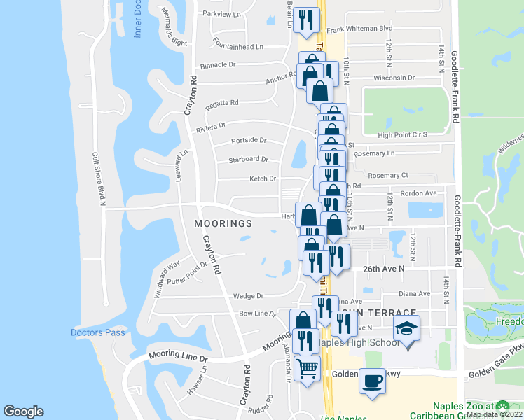 map of restaurants, bars, coffee shops, grocery stores, and more near 675 Harbour Drive in Naples