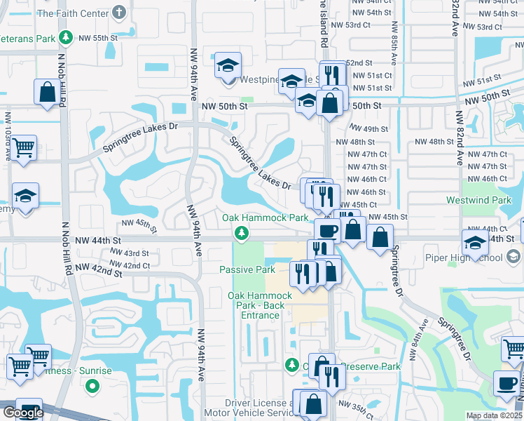 map of restaurants, bars, coffee shops, grocery stores, and more near 9171 Northwest 45th Street in Sunrise