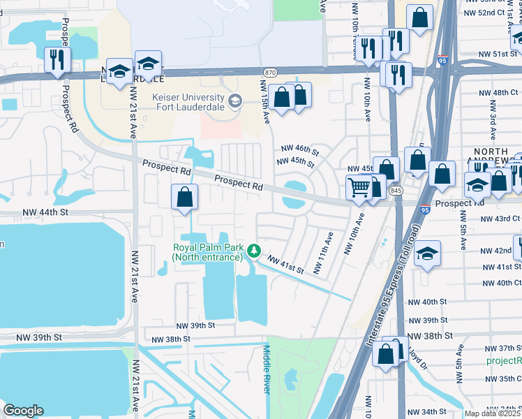 map of restaurants, bars, coffee shops, grocery stores, and more near 4470 Northwest 16th Avenue in Oakland Park