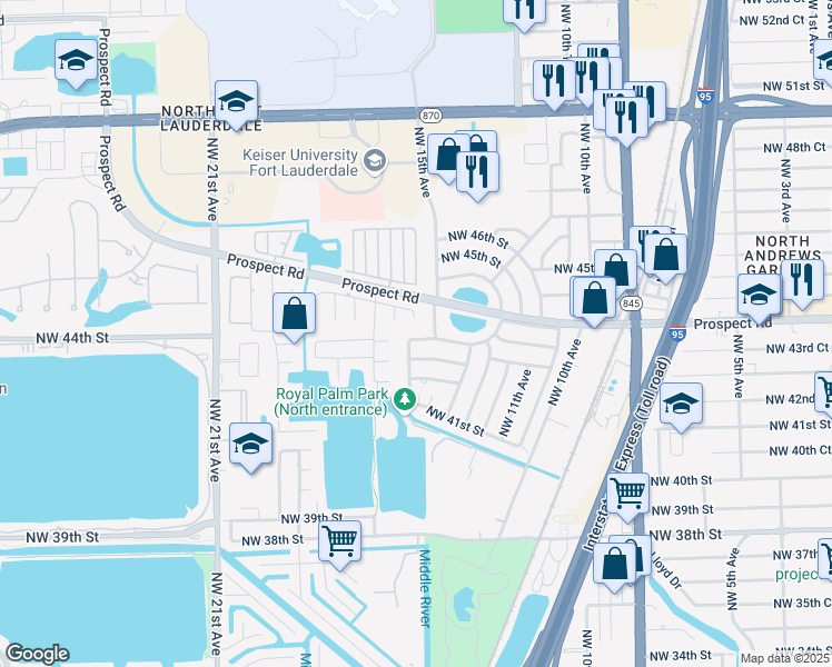 map of restaurants, bars, coffee shops, grocery stores, and more near 4470 Northwest 16th Avenue in Oakland Park