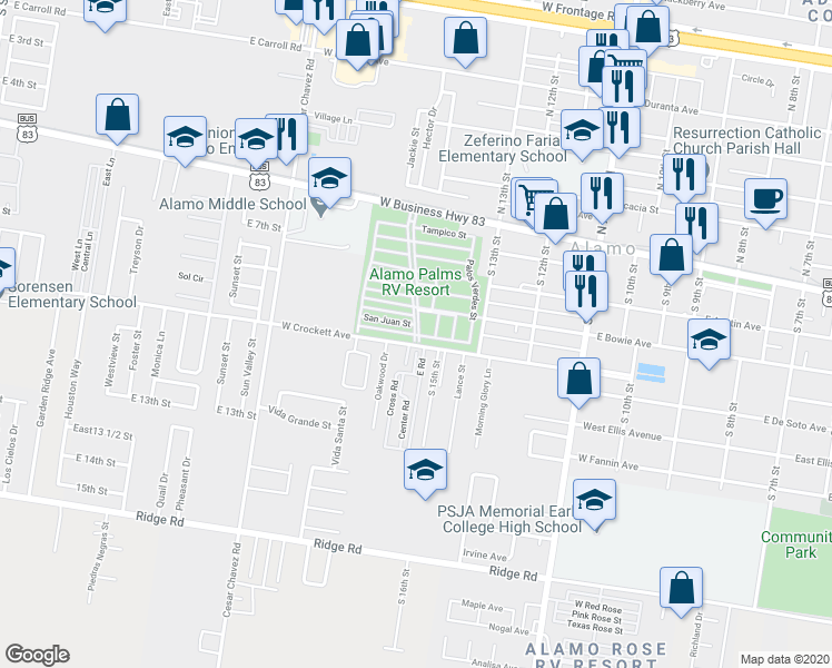 map of restaurants, bars, coffee shops, grocery stores, and more near San Fernando Street in Alamo