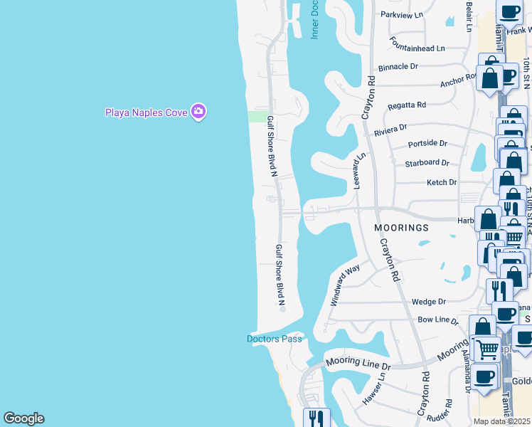 map of restaurants, bars, coffee shops, grocery stores, and more near 2919 Gulf Shore Boulevard North in Naples