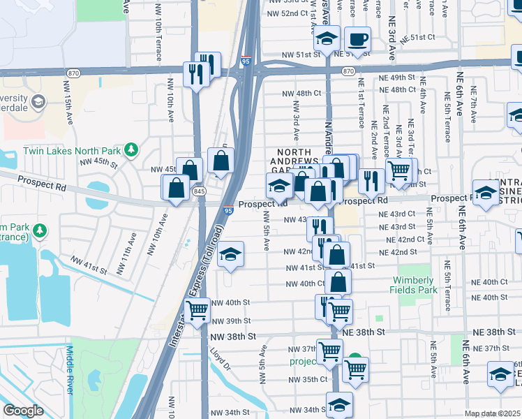 map of restaurants, bars, coffee shops, grocery stores, and more near 500 Prospect Road in Oakland Park