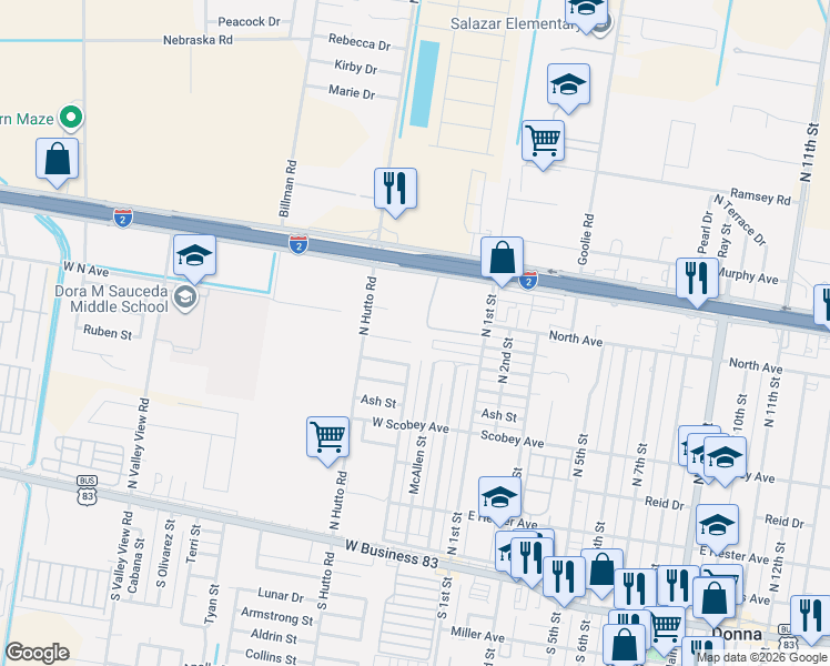 map of restaurants, bars, coffee shops, grocery stores, and more near 404 Date Palm Avenue in Donna