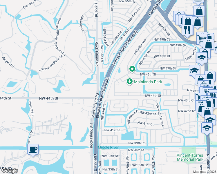 map of restaurants, bars, coffee shops, grocery stores, and more near 4437 Northwest 48th Terrace in Tamarac