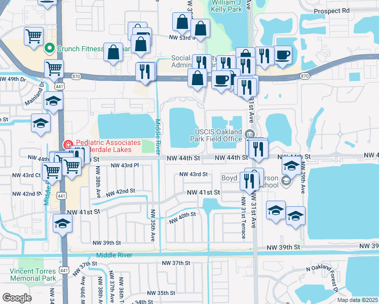 map of restaurants, bars, coffee shops, grocery stores, and more near 3405 Northwest 44th Street in Oakland Park