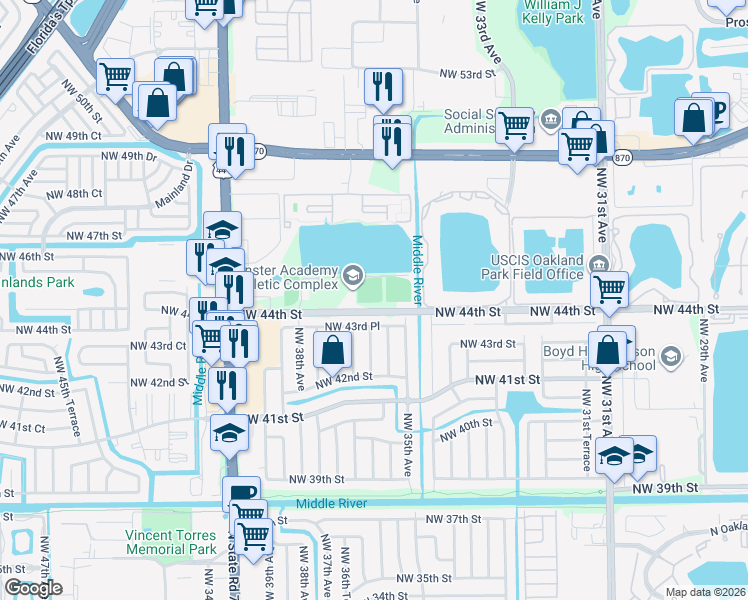 map of restaurants, bars, coffee shops, grocery stores, and more near 3399-3499 Northwest 44th Street in Lauderdale Lakes