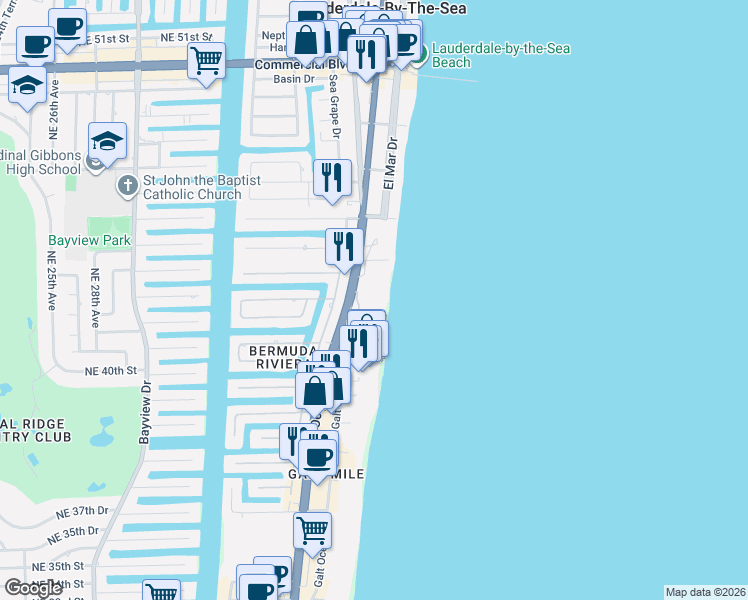 map of restaurants, bars, coffee shops, grocery stores, and more near 4280 Galt Ocean Drive in Fort Lauderdale