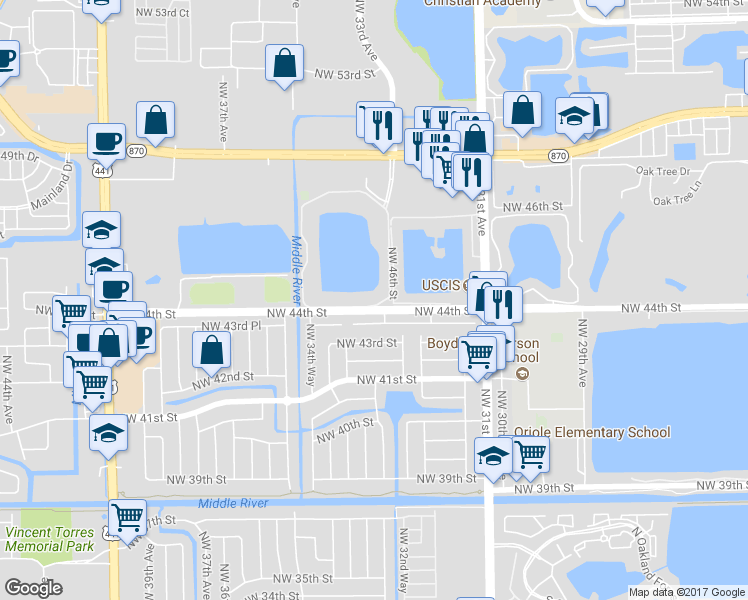 map of restaurants, bars, coffee shops, grocery stores, and more near 3481 Northwest 44th Street in Oakland Park
