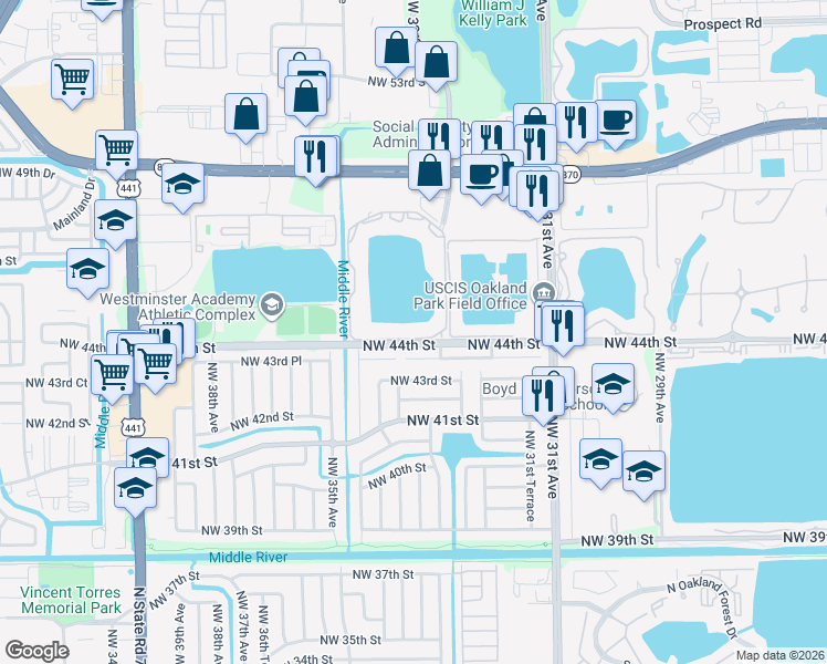map of restaurants, bars, coffee shops, grocery stores, and more near 3405 Northwest 44th Street in Oakland Park