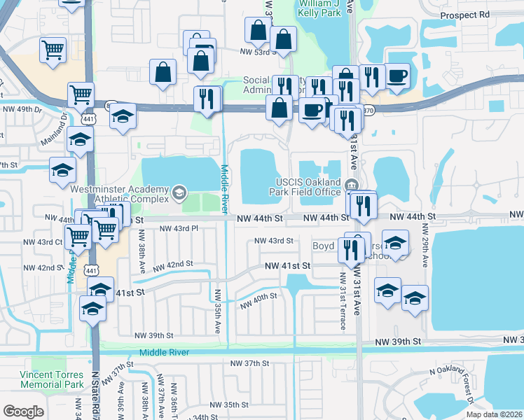 map of restaurants, bars, coffee shops, grocery stores, and more near 3405 Northwest 44th Street in Oakland Park
