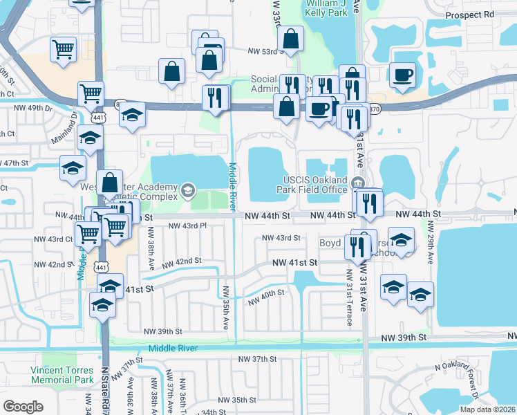 map of restaurants, bars, coffee shops, grocery stores, and more near 3413 Northwest 44th Street in Lauderdale Lakes