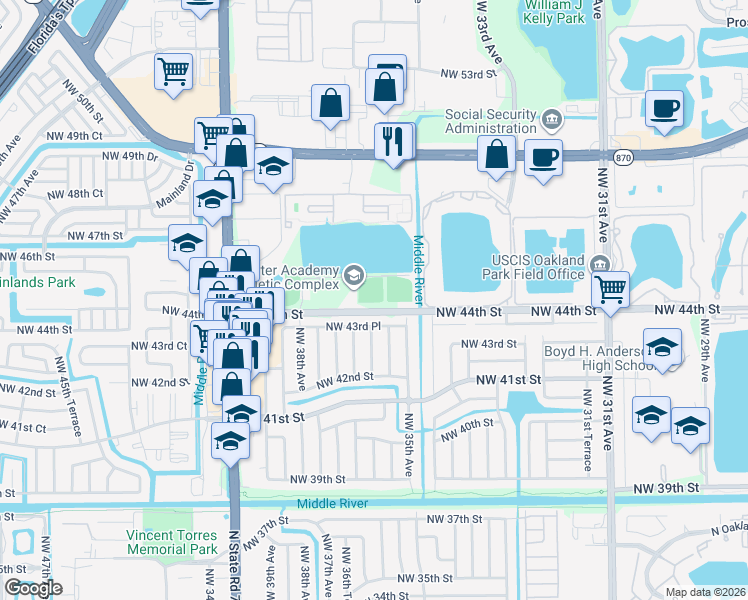 map of restaurants, bars, coffee shops, grocery stores, and more near 3399-3499 Northwest 44th Street in Lauderdale Lakes