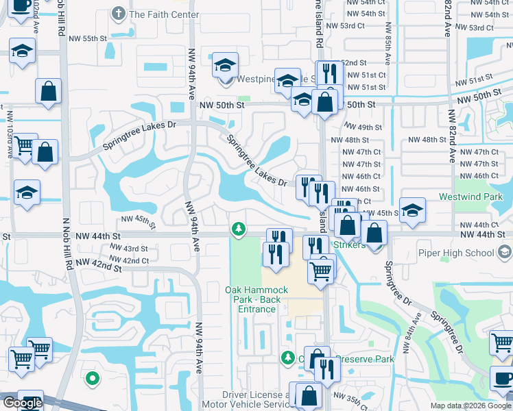 map of restaurants, bars, coffee shops, grocery stores, and more near 9201 Northwest 45th Street in Sunrise