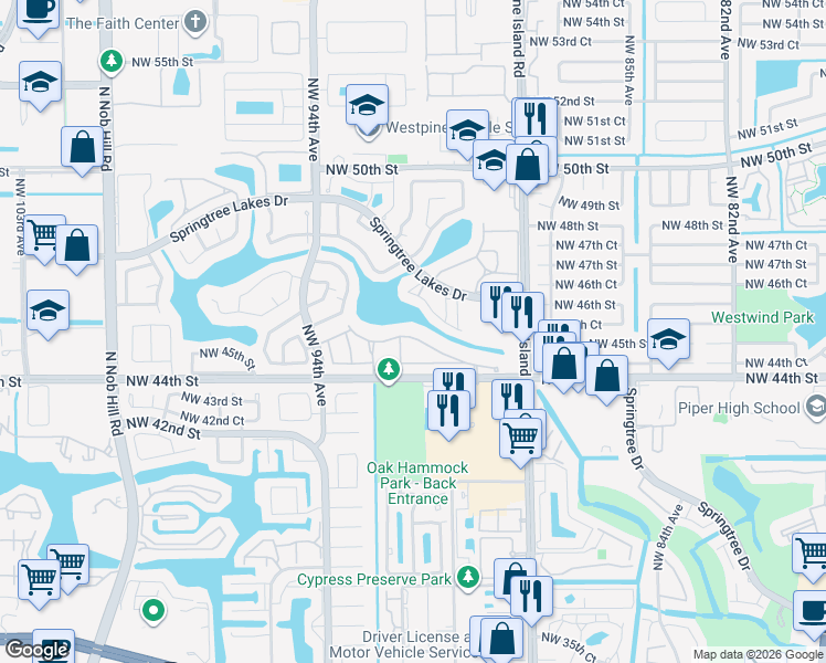 map of restaurants, bars, coffee shops, grocery stores, and more near 9201 Northwest 45th Street in Sunrise