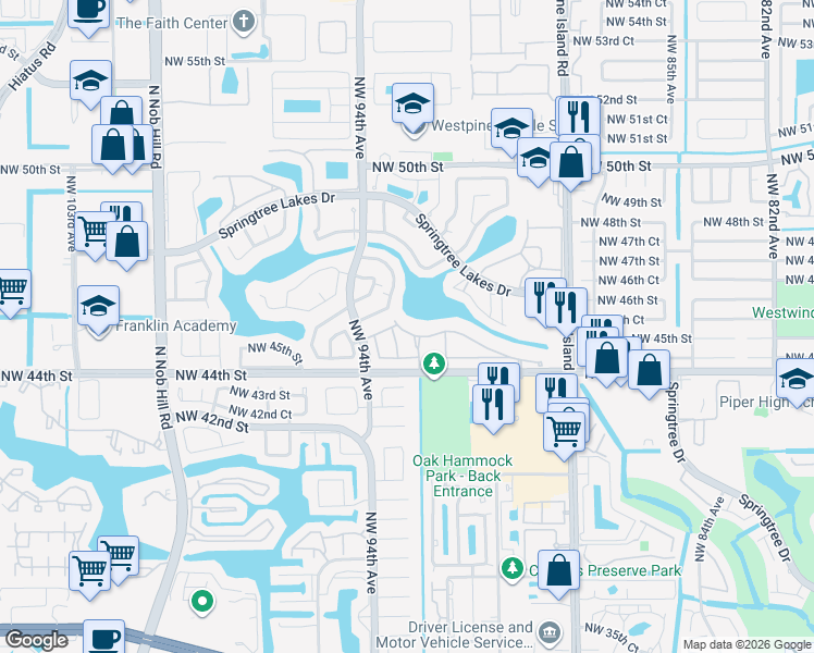 map of restaurants, bars, coffee shops, grocery stores, and more near 9259 Northwest 45th Street in Sunrise