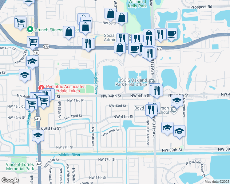 map of restaurants, bars, coffee shops, grocery stores, and more near 3405 Northwest 44th Street in Oakland Park