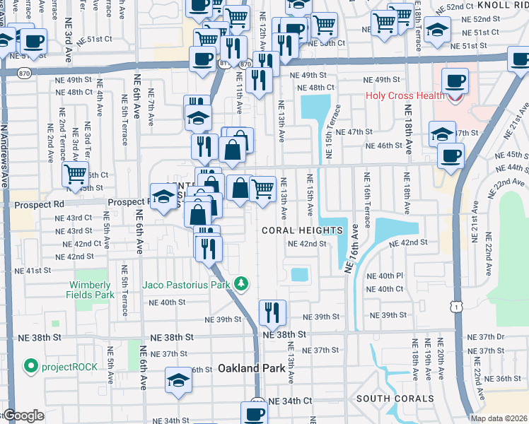 map of restaurants, bars, coffee shops, grocery stores, and more near 4351 Northeast 12th Terrace in Oakland Park