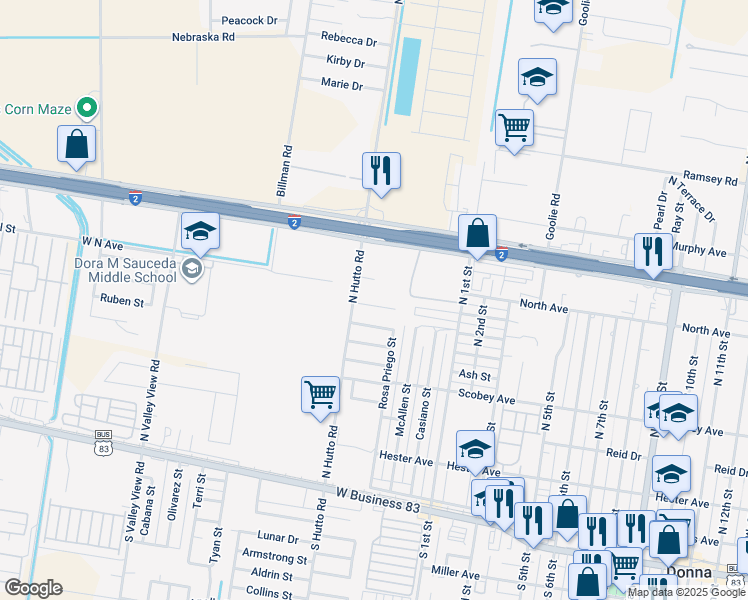 map of restaurants, bars, coffee shops, grocery stores, and more near 412 Date Palm Avenue in Donna