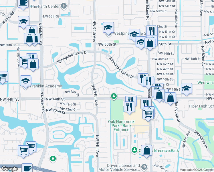 map of restaurants, bars, coffee shops, grocery stores, and more near 9259 Northwest 45th Street in Sunrise