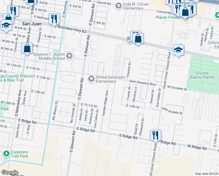 map of restaurants, bars, coffee shops, grocery stores, and more near 1108 Houston Way in San Juan