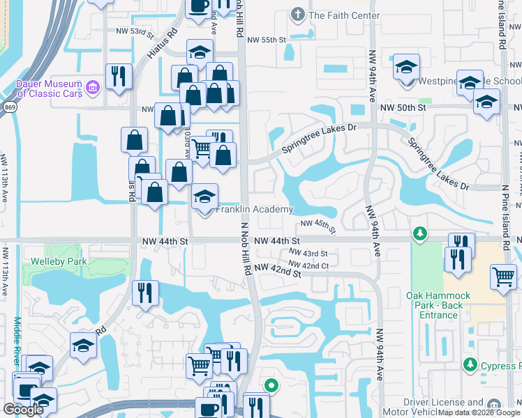 map of restaurants, bars, coffee shops, grocery stores, and more near 4492 Northwest 99th Way in Sunrise