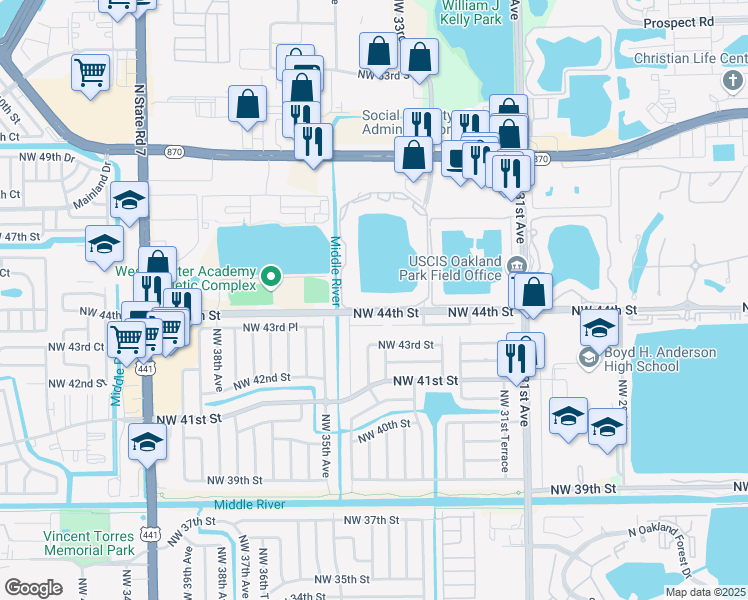 map of restaurants, bars, coffee shops, grocery stores, and more near 3413 Northwest 44th Street in Lauderdale Lakes