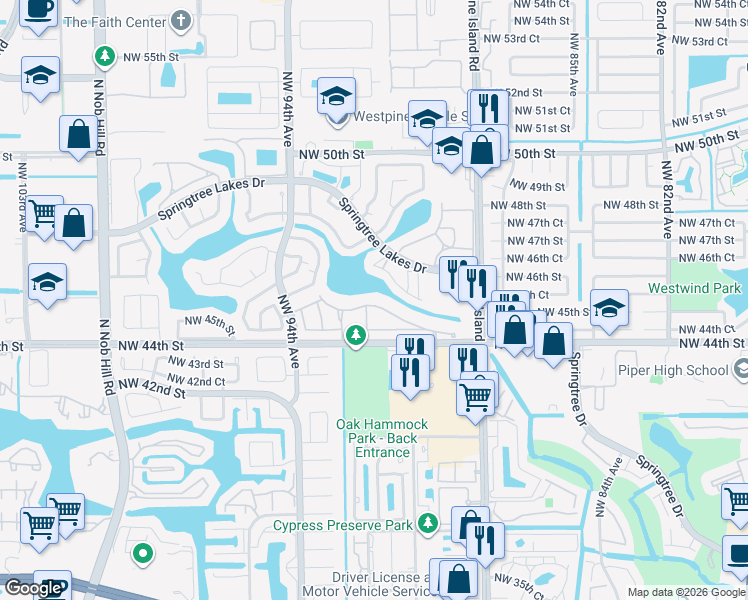map of restaurants, bars, coffee shops, grocery stores, and more near 9201 Northwest 45th Street in Sunrise