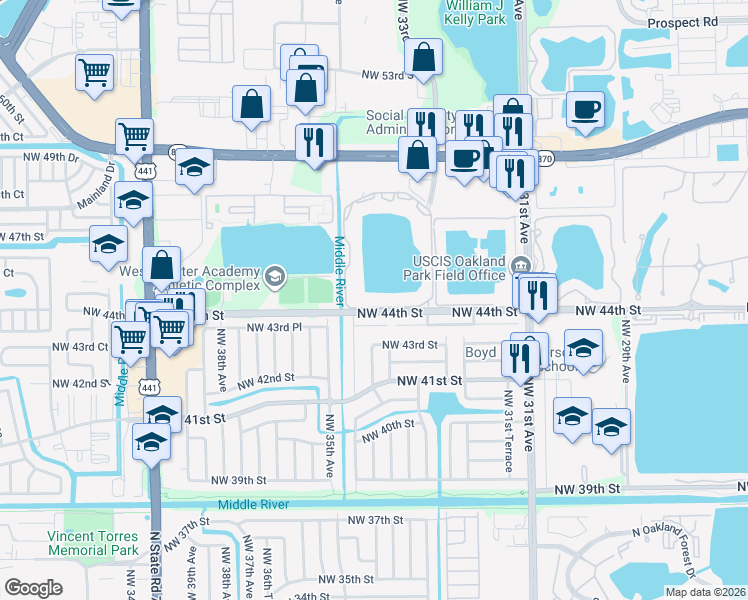 map of restaurants, bars, coffee shops, grocery stores, and more near 3413 Northwest 44th Street in Lauderdale Lakes
