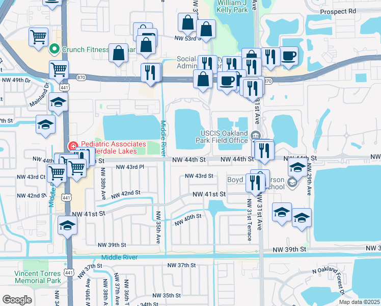 map of restaurants, bars, coffee shops, grocery stores, and more near 3405 Northwest 44th Street in Oakland Park