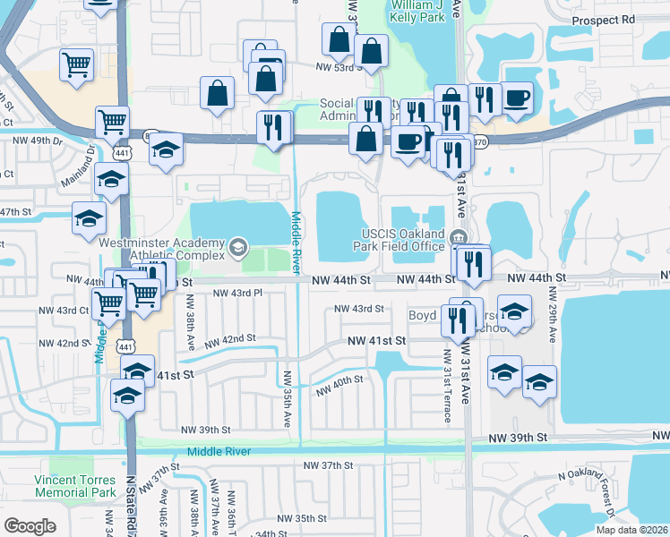 map of restaurants, bars, coffee shops, grocery stores, and more near 3413 Northwest 44th Street in Lauderdale Lakes