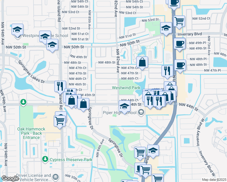 map of restaurants, bars, coffee shops, grocery stores, and more near 8220 Northwest 45th Court in Lauderhill