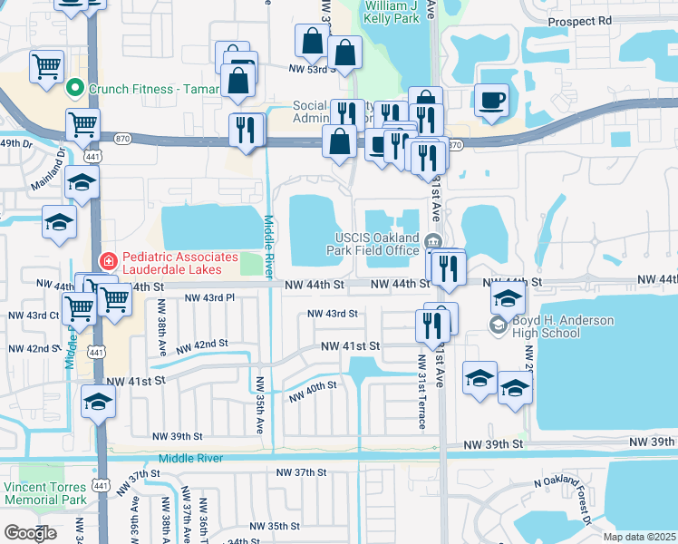 map of restaurants, bars, coffee shops, grocery stores, and more near 3481 Northwest 44th Street in Oakland Park