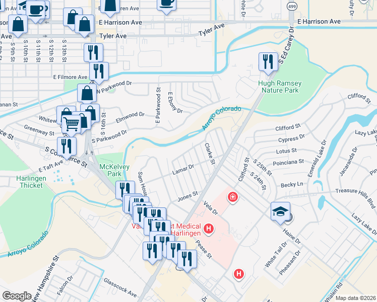 map of restaurants, bars, coffee shops, grocery stores, and more near 2301 Riverside Drive in Harlingen