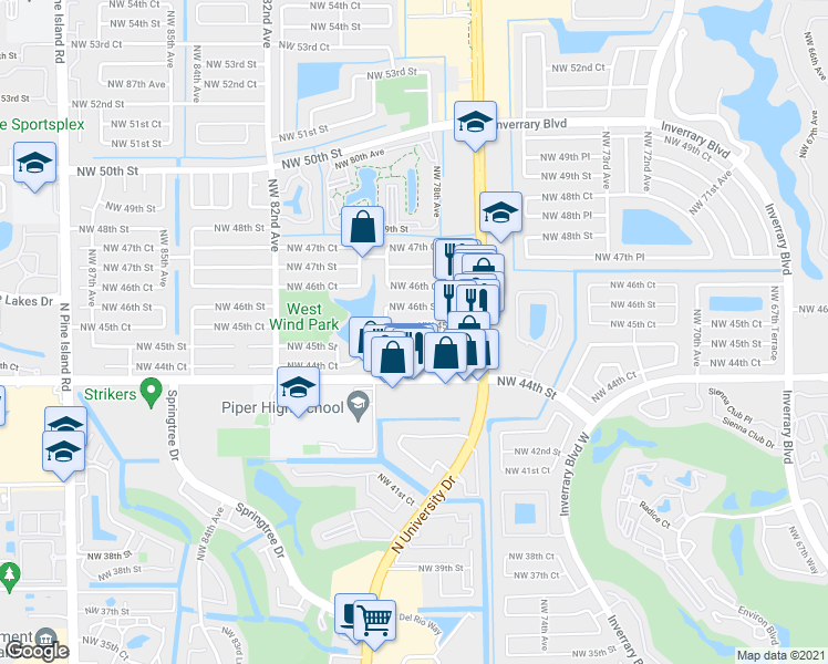 map of restaurants, bars, coffee shops, grocery stores, and more near 7780 Northwest 45th Court in Lauderhill