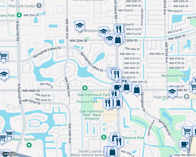 map of restaurants, bars, coffee shops, grocery stores, and more near 9040 Northwest 45th Court in Sunrise