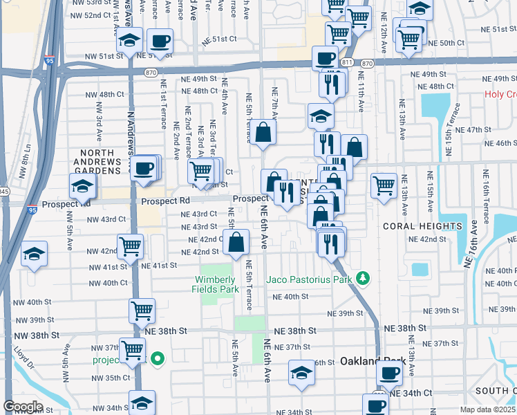map of restaurants, bars, coffee shops, grocery stores, and more near 4321 Northeast 6th Avenue in Oakland Park