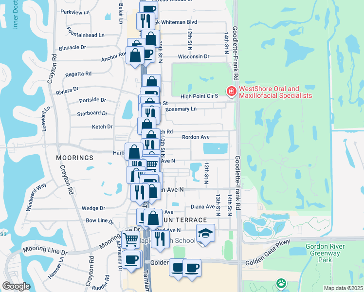 map of restaurants, bars, coffee shops, grocery stores, and more near 1151 29th Avenue North in Naples