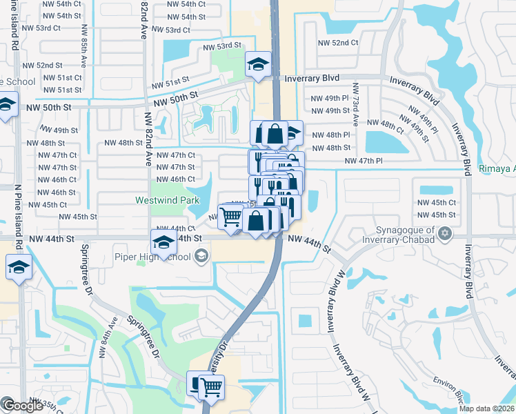 map of restaurants, bars, coffee shops, grocery stores, and more near 4520 Northwest 77th Terrace in Lauderhill