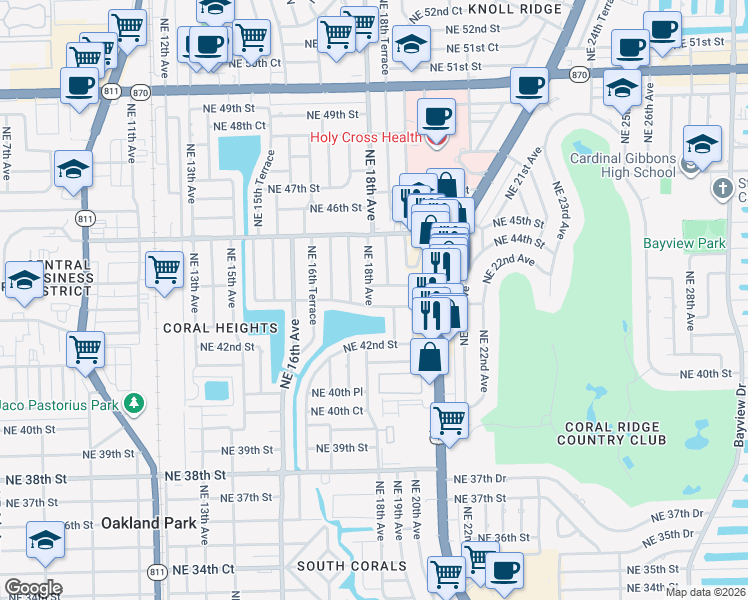 map of restaurants, bars, coffee shops, grocery stores, and more near 4300 Northeast 18th Avenue in Oakland Park