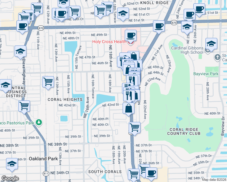 map of restaurants, bars, coffee shops, grocery stores, and more near 4300 Northeast 18th Avenue in Oakland Park