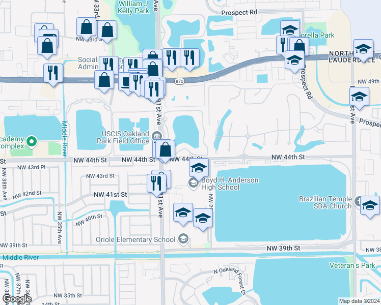 map of restaurants, bars, coffee shops, grocery stores, and more near 207 Northwest 44th Street in Oakland Park