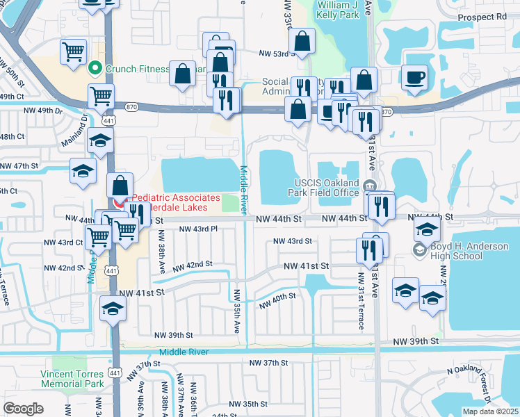 map of restaurants, bars, coffee shops, grocery stores, and more near 3413 Northwest 44th Street in Lauderdale Lakes