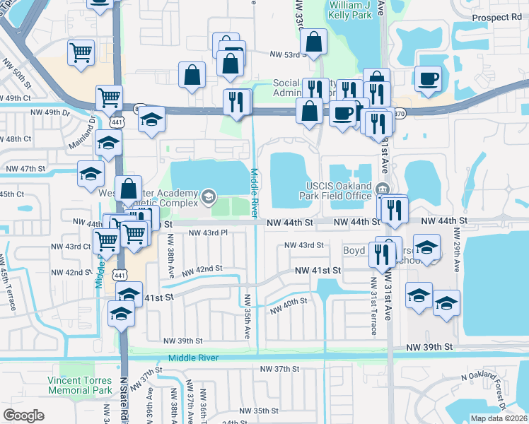 map of restaurants, bars, coffee shops, grocery stores, and more near 3413 Northwest 44th Street in Lauderdale Lakes